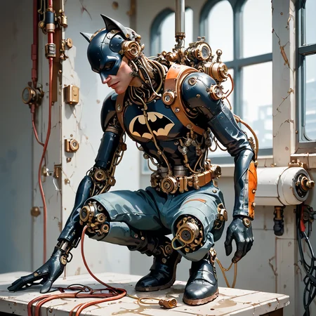 score_9,score_8_up, <lora:Reelmech_pony_ed_v1_3:1> batman is pissing to the toilet, steampunk,mechanical parts, reelmech, (full-body view ), realistic, cable, wires, joints