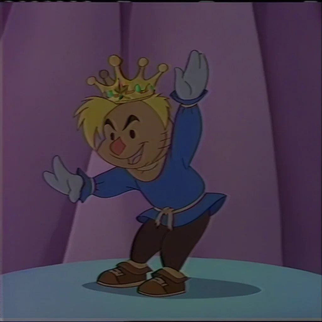 score_9_up, score_8_up, BREAK, scarecrowjr, scarecrow, black eyes, male child, anthro, yellow straw body, oz crown, blue shirt, male focus, full body, brown pants, blonde hair, solo, 1boy, retro, hall, (dancing pose), spotlight, happy, grey gloves, brown shoes, angry eyebrows, accurate, <lora:Scarecrow_Jr._Oz_Kids:1>