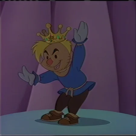 score_9_up, score_8_up, BREAK, scarecrowjr, scarecrow, black eyes, male child, anthro, yellow straw body, oz crown, blue shirt, male focus, full body, brown pants, blonde hair, solo, 1boy, retro, hall, (dancing pose), spotlight, happy, grey gloves, brown shoes, angry eyebrows, accurate, <lora:Scarecrow_Jr._Oz_Kids:1>