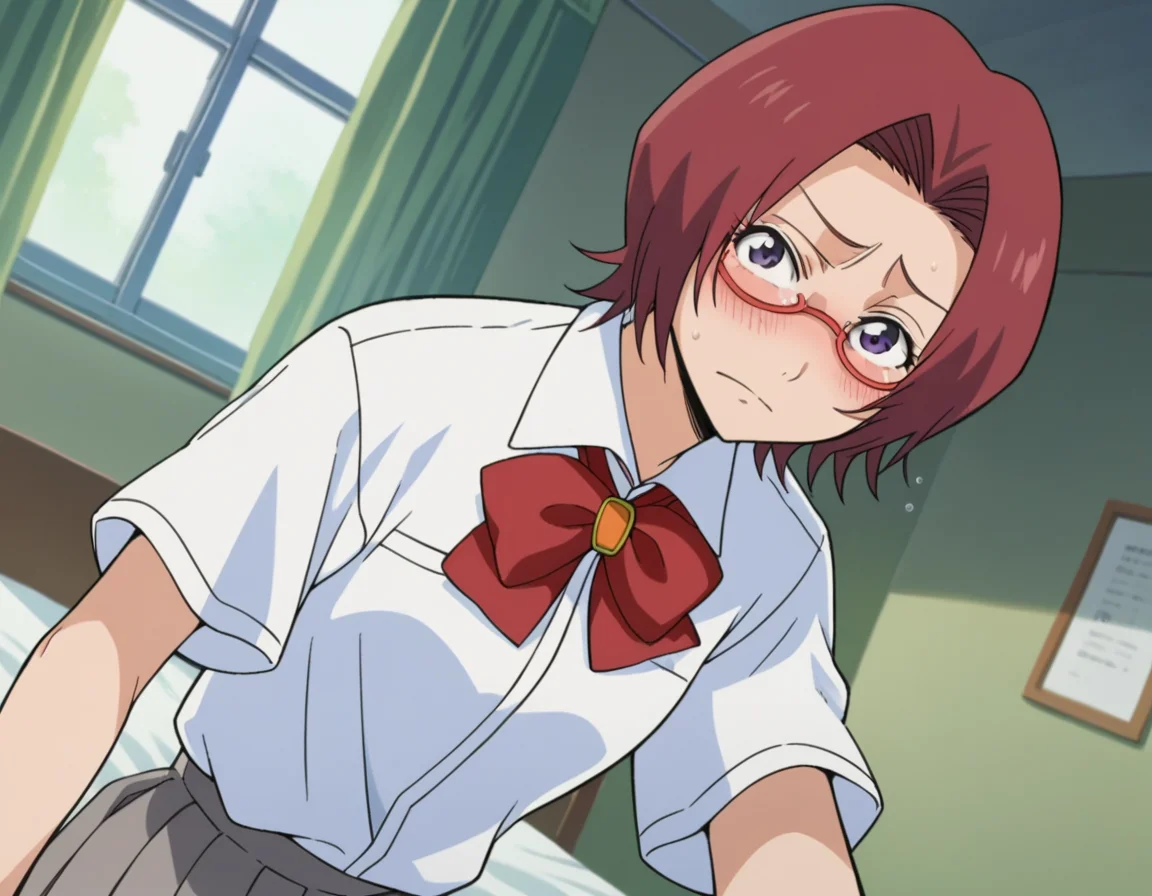 score_9, score_8_up, score_7_up, source_anime,
chizuruhonsho, <lora:chizuru-honsho-s1-ponyxl-lora-nochekaiser:1>,
chizuru honsho, short hair, red hair, purple eyes, glasses,
skirt, shirt, bow, school uniform, white shirt, short sleeves, pleated skirt, bowtie, red bow, red bowtie, grey skirt,
indoors, bed, bed room, on side, blush, drunk,
looking at viewer, dutch angle, cowboy shot,