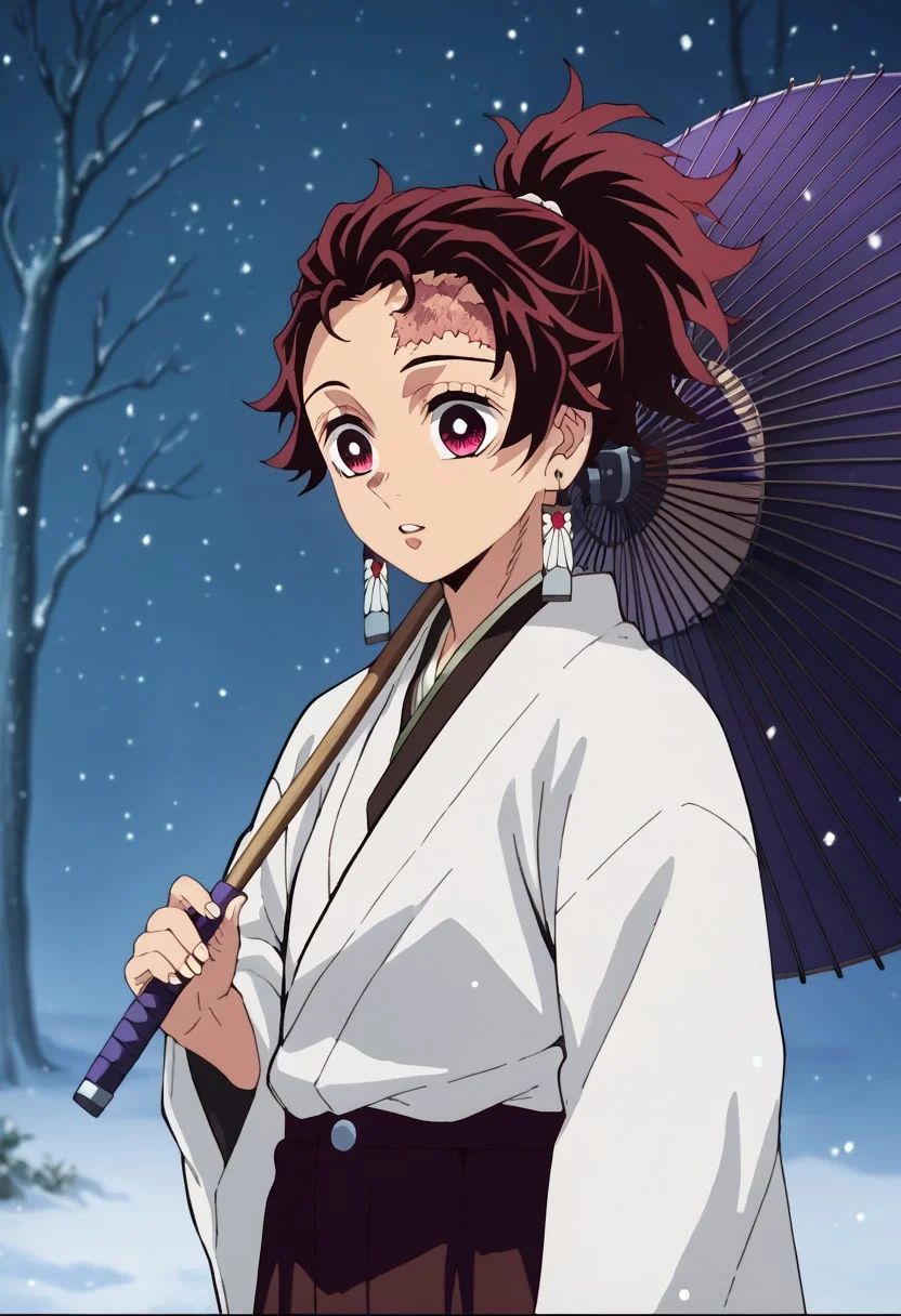 score_9, score_8_up, score_7_up, source_anime, rating_safe, snowing, kamado tanjirou, red_Tanjiro_short ponytail, red-white_Tanjiro_eyes, white-red_Tanjiro_earrings, brown_Tanja_scar on forehead, 1boy, male focus, anime screencap, white_Tanjiro_kimono, black_Tanjiro_pants, oil-paper umbrella, holding,