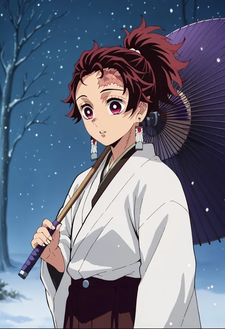 score_9, score_8_up, score_7_up, source_anime, rating_safe, snowing, kamado tanjirou, red_Tanjiro_short ponytail, red-white_Tanjiro_eyes, white-red_Tanjiro_earrings, brown_Tanja_scar on forehead, 1boy, male focus, anime screencap, white_Tanjiro_kimono, black_Tanjiro_pants, oil-paper umbrella, holding,