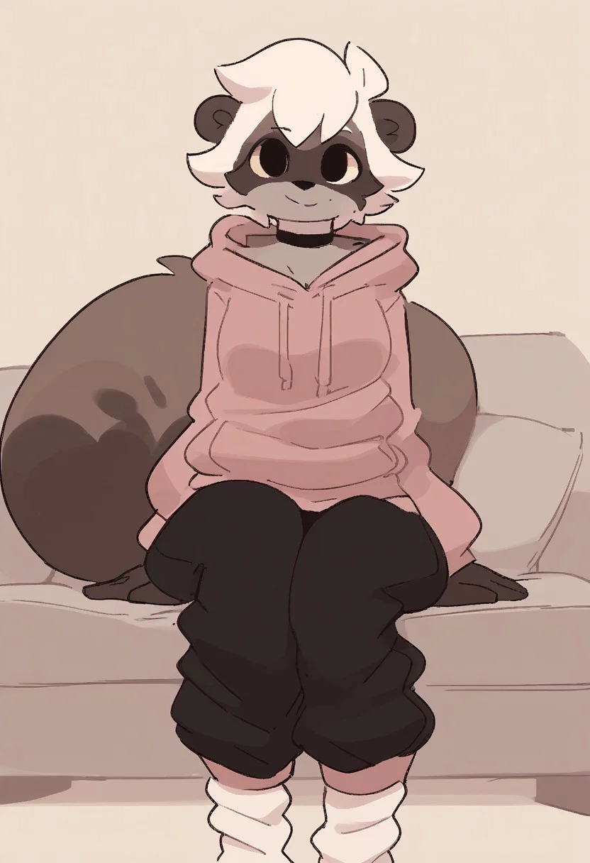 score_9, score_8_up, score_7_up, score_6_up, source_furry, source_anime, (short, diminutive, smol), ((anthro, raccoon:1.2), gray fur, black fur, white fur, hyper ears, hyper tail, claws, female, small breasts), (choker, baggy hoodie, baggy sweatpants, socks), standing, cute, adorable, thin, petite, (hair, fluffy hair, short hair, white hair), (neutral expression, laid-back, smiling), solo, simple background, sitting, on a couch, indoors