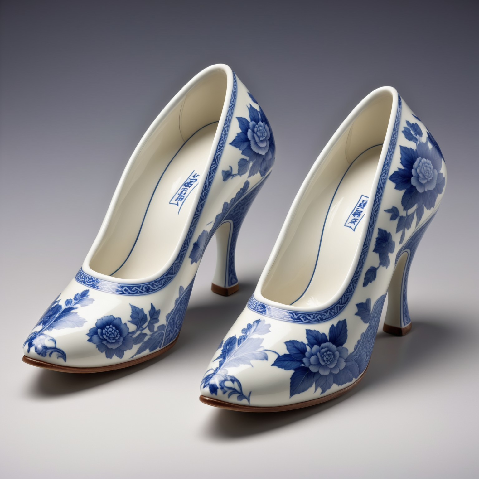 a pair of shoes made out of Bluepatternporcelain ,  <lora:BluePatternPorcelainStyle:0.7>