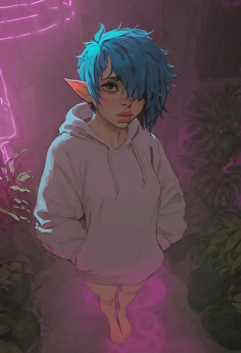<lora:DarcyPony1.0:0.75> darcy, elf ears, 1girls, very short hair, pixie cut, solo, uncensored, full body shot, tomboy, large breast, perky breasts,, blue hair, slim waist, score_9, score_8_up, score_7_up, score_6_up, <lora:Smooth Anime Style LoRA XL:1>, standing, hair over eyes, viewed from front, viewed from above
gray hoodie, bottomless, loose hoodie, baggy clothes, thick lips, big lips, big hoodie, oversized hoodie,
looking at viewer, looking up at viewer, hair over eyes, messy hair, very messy hair,
, plants on the windowsill, wall of plants, monstera plant, large plant, tidy bedroom, small room, cramped bedroom, cyberpunk city view out of the window, neon light, purple neon lights,