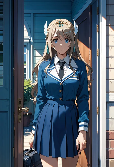 score_9,score_8_up,score_7_up,source_anime, Charlotte Eristein,1girl,solo,student,student uniform, outdoor, door, home