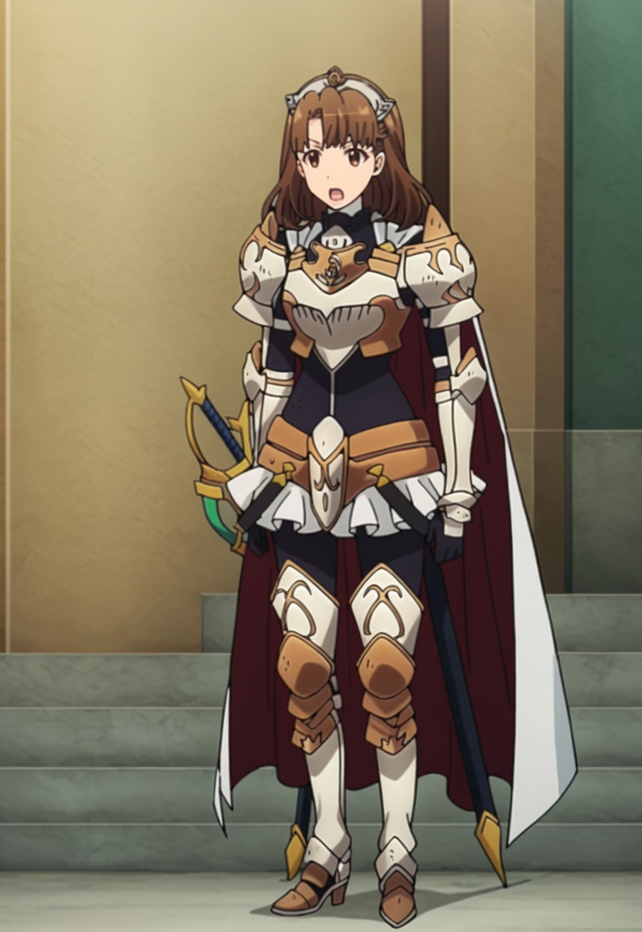 score_9, score_8, score_7, source_anime, rose knight armor, brown eyes, gloves, tiara, skirt, boots, weapon, open mouth, brown hair, standing, full body