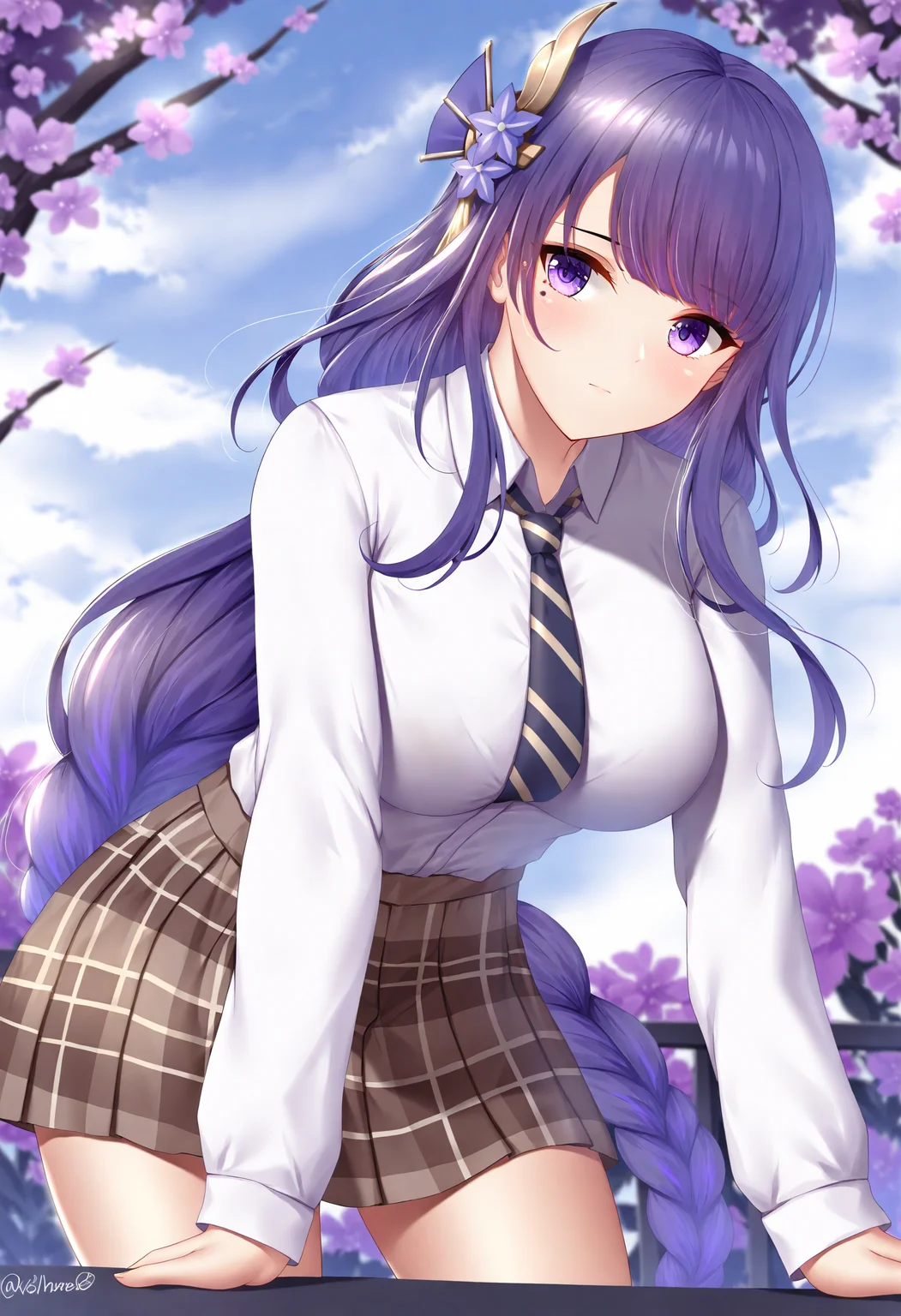 1girl, shirt, raiden shogun, skirt, solo, white shirt, necktie, purple eyes, hair ornament, sky, plaid skirt, long sleeves, purple hair, looking at viewer, plaid, outdoors, collared shirt, alternate costume, flower, cloud, blue sky, closed mouth, long hair, hair flower, pleated skirt, day, school uniform, blush, shirt tucked in, brown skirt, twitter username, blunt bangs, striped necktie, sidelocks, arm support, leaning forward, purple flower, artist name, cloudy sky, contemporary, cowboy shot,
masterpiece,best quality,newest,absurdres,highres,very awa,<lora:wsman1_noob1.1-000199:0.9>,