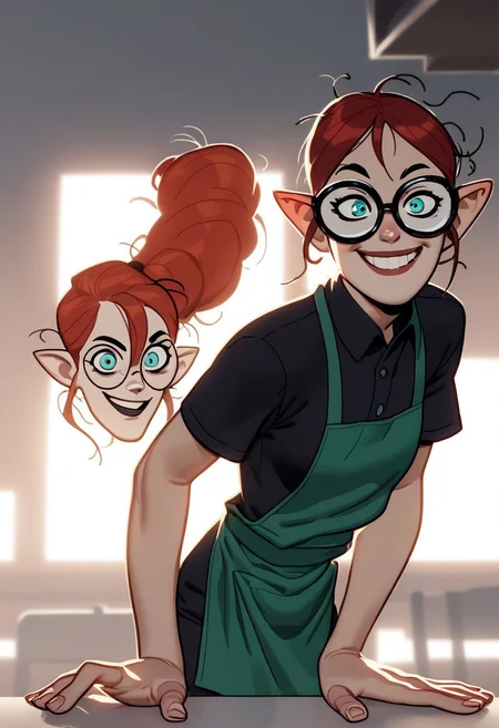 (AdamHughesstyle), score_9, score_8_up, score_7_up, pointy ears, aqua eyes, sidelocks, hair between eyes, messy hair, red hair, curly hair, very long hair, (cheery), (smile:1.2), (attentive:1.2), round black glasses, glasses, leaning forward, StarbuckXL,, employee uniform, green apron, black shirt, collared shirt, short sleeves, pants, starbucks siren (symbol), dramatic lighting, ((detailed face)), Expressiveh, (looking at viewer), high detail, sidelighting, ((backlighting)), shiny skin, glistening skin, glossy skin, oiled skin, cowboy shot, masterpiece, best quality, very aesthetic, absurdres, <lora:Lilith_ClawthorneV1:1>,