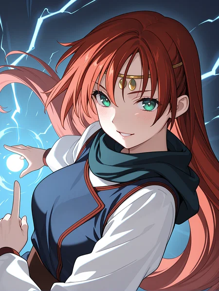 masterpiece,best quality,newest,1girl,solo,
<lora:elenoa_ilxl_v3.1:1>,elenoa,e_circlet,e_02clothes,red hair,very long hair,green eyes,long_sleeves,white sleeves,blue clothes,<lora:Fixhands_anime_bdsqlsz_V1:1>,lighting,index_finger_raised,lightning,magic,upper_body,face_focus,parted lips,light_blush,smile,cinematic_angle,dynamic_angle,looking_at_viewer,profile,