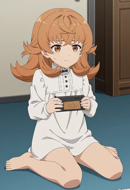 <lora:Julie_1.0_illustrious (20):1>,1girl,
Julie,solo,sweatdrop,holding,closed mouth,crossed bangs,bow,shirt,white shirt,anime screencap,full body,wariza
