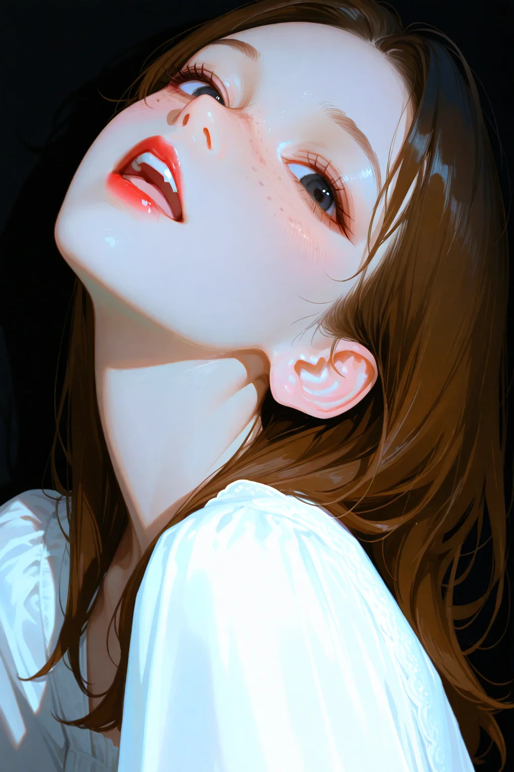 masterpiece, best quality, good quality, very aesthetic, absurdres, newest,portrait, realistic,photorealistic
BREAK
1girl, solo, long hair, looking at viewer, blush, open mouth, black eyes, brown hair, dress, upper body, parted lips, teeth, from side, looking to the side, lips, head tilt, upper teeth only, shadow, black background, freckles, red lips,
BREAK
<lora:ponyv5_noobV065S_1_adamW:0.7> <lora:USNR STYLE_XL_loha:0.45> <lora:748cmSDXL:0.4>