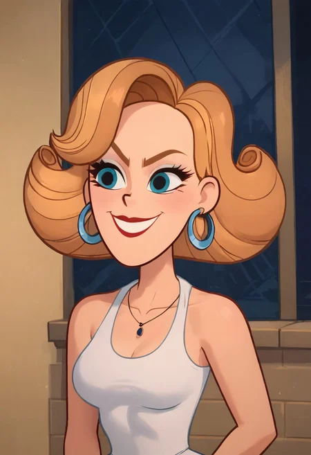 score_9, score_8_up, score_7_up, ultra quality, solo, 1girl, hoop earrings, white leotard, bare shoulders, bare legs, Kitty Cartwright, short blond hair, smug smile, face focus, big hips, huge butt, bubble butt, curvy, narrow waist, standing, upper body, front view, looking to the viewer, close up,