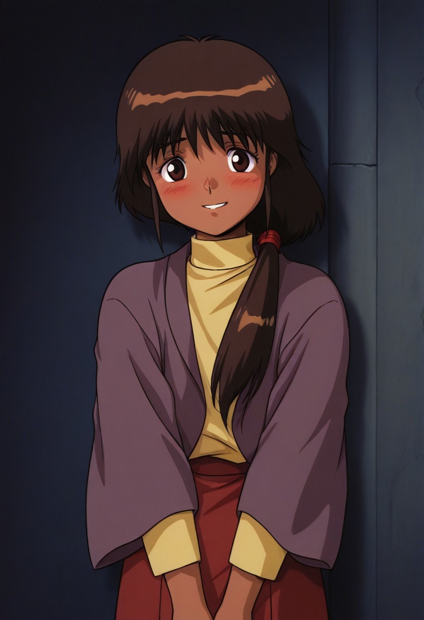 score_9, score_8_up, score_7_up, source_anime,masterpiece, best quality, 1990s_\(style\),official art,a cute child, Shakti Kareen, brown_eyes, brown_hair, bangs, long_hair, dark_skin, dark-skinned_female, solo, looking at viewer,(solo_focus,looking at viewer,detailed face and eyes,blush,shy grin), (cowboy shot,character focus,close to viewer,face to face:1.2)BackAlley,
