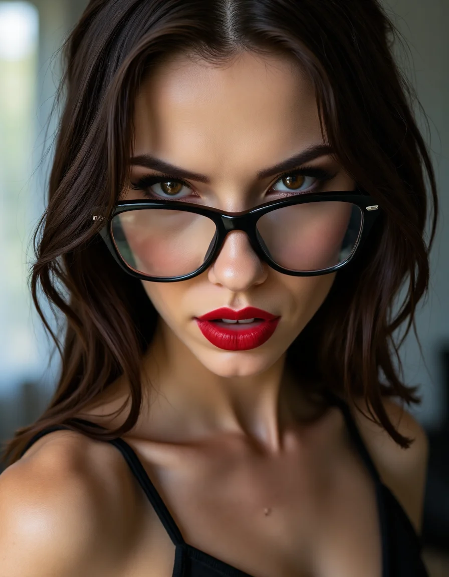 A striking portrait of a fierce woman with piercing eyes and bold, direct eye contact. She wears natural-looking brick-red lipstick and large, avant-garde glasses. The composition embodies a high-fashion editorial aesthetic, blending ethereal beauty with dramatic shadows and luxurious fashion details. The zoomed-out perspective places the subject in 30% of the frame, leaving ample negative space around her head for a modern, minimalist feel. The subtle 3D effect enhances the visual depth, creating a captivating and dynamic image.