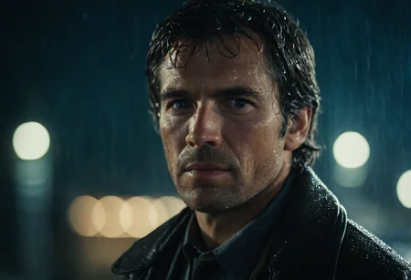 (80sPortrait), outdoors, man, night, street lights, raining, closeup