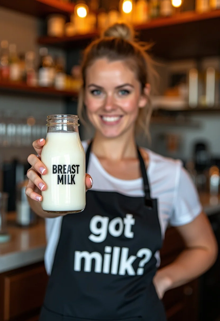 Photo of a cute female bartender holding a jar of milk that is labeled "BREAST MILK". The bartender is wearing an apron that has "got milk?" in large text.