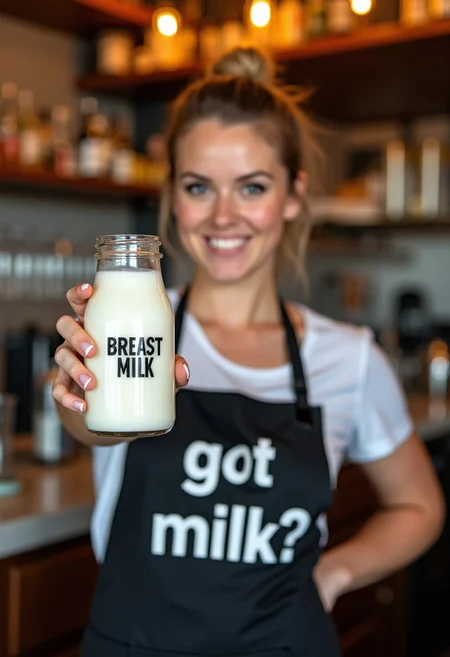Photo of a cute female bartender holding a jar of milk that is labeled "BREAST MILK". The bartender is wearing an apron that has "got milk?" in large text.
