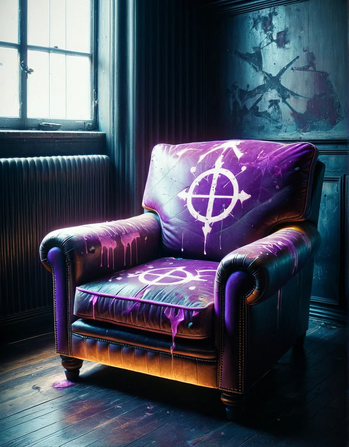 A worn, leather armchair with purple ais-nnsplsh symbols on its faded upholstery. <lora:ais-nnsplsh-sdxl:1>