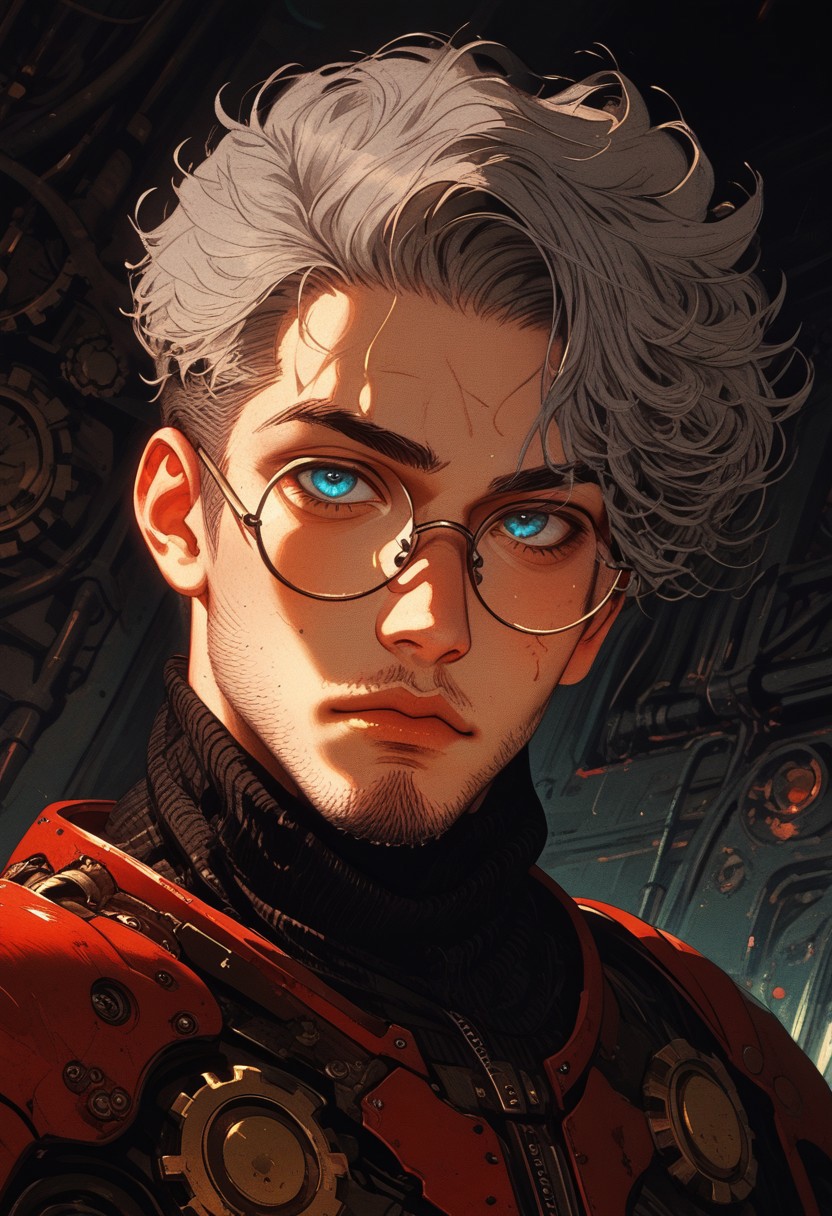 Safe_pos, (score_9, score_8_up, score_8), ultra detailed, high resolution, high quality, masterpiece, intricate details, intricate body, intricate landscape, knva, Expressiveh, European Male, (((1male))), ((male)), source_cartoon, Slender, Handsome, Masculine, ((Grey Hair, Short Hair)), ((Stubble, Five O'Clock Shadow)), (Stubble), (Circular Eyeglasses), (Undercut), ((Facial Hair, Short Beard)), Handsome, (Pale Skin, Delicate and Smooth Skin, Highly Detailed, Strong Jawline), (Blue Eyes), Artificer, (Steampunk Power Armor in the style of fallout-power-armor), Fantasy, Medieval, Steampunk, Space-Suit, Scholar Vibes, ((Extremely Detailed Face and Eyes)), Looking at Viewer, Soft Lighting, Warm Lighting, Unique Angle, Unique Perspective, Dramatic Angle, ((Full Body)), From Above,