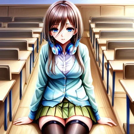 mikunakano,miku nakano, long hair, bangs, blue eyes, brown hair, shirt, hair between eyes, headphones, cardigan, headphones around neck, BREAK skirt, shirt, long sleeves, white shirt, pantyhose, pleated skirt, black pantyhose, cardigan, green skirt, blue cardigan, BREAK indoors, classroom, BREAK looking at viewer, BREAK ,(masterpiece:1.2), best quality, high resolution, unity 8k wallpaper, (illustration:0.8), (beautiful detailed eyes:1.6), extremely detailed face, perfect lighting, extremely detailed CG, (perfect hands, perfect anatomy),
