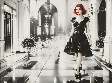 score_9, score_8_up, score_7_up, full body image, environment interaction, walking, woman, pale skin, large breasts, <lora:sm0k3XLP:1>, <lora:goth_clothes:1>, lollita dress, black dress, lollita, red details, Long white hair, young face, <lora:art_deco_v4_pony:1>, <lora:Potat_dark_ink_v1_monochrome-RS24:1> monochrome,