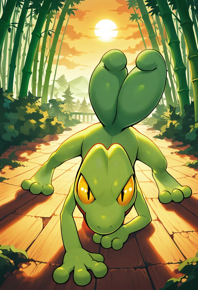 masterpiece, best quality, no humans, zzTreecko, bamboo forest, leaping mid-air, top-down perspective, motion blur, sunrise, dramatic lighting, focused expression â Treecko bursts upward through swaying bamboo, captured mid-leap in a blur of motion. From above, its streamlined form cuts through shafts of golden morning light, casting long shadows across the forest floor. Its gaze is fixed forward, determined and unshaken. , ,<lora:TreeckoPokedex_IXL:1.0>,