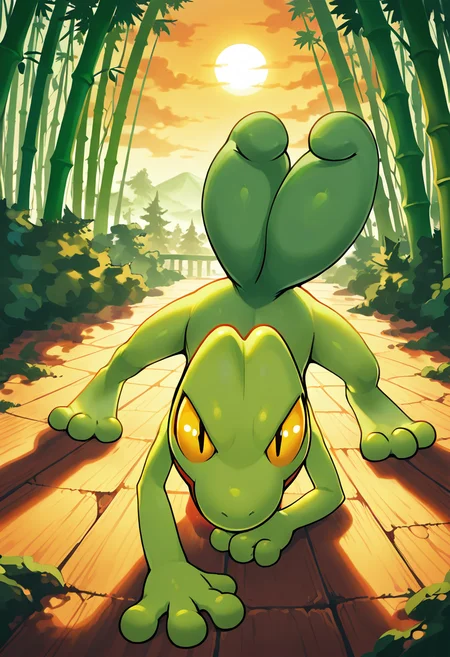 masterpiece, best quality, no humans, zzTreecko, bamboo forest, leaping mid-air, top-down perspective, motion blur, sunrise, dramatic lighting, focused expression â Treecko bursts upward through swaying bamboo, captured mid-leap in a blur of motion. From above, its streamlined form cuts through shafts of golden morning light, casting long shadows across the forest floor. Its gaze is fixed forward, determined and unshaken. , ,<lora:TreeckoPokedex_IXL:1.0>,