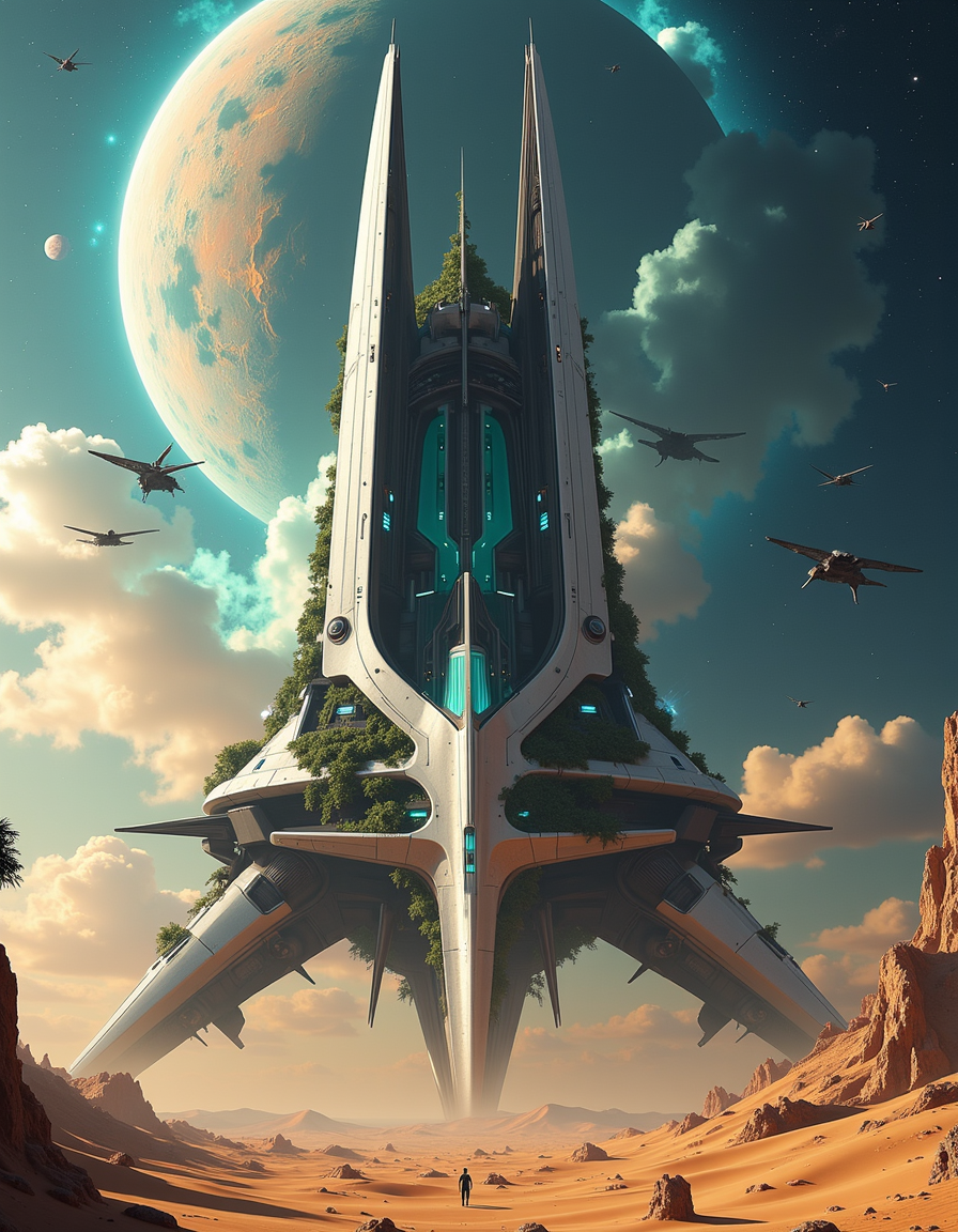 Generate a highly detailed high-resolution photo of a massive, modern giant citadel made of reflective glass and steelrising out of the sandy dunes of an alien world on the brink of chaos. The citadel's sleek architecture and futuristic spires are shrouded in perpetual sandstorms, with towering dust devils swirling around its base like ethereal sentinels.
In the distant horizon, a fracturing moon hangs low in the sky, casting an eerie orange glow over the desolate landscape as it hurtles towards a catastrophic collision course with its parent planet. The once-stable orbit is now unraveling, threatening to unleash unspeakable destruction upon this unforgiving world.
The atmosphere is thick with sand and debris, making every surface appear worn and battle-worn. Vines of iridescent blue-green fungus have begun to claim the crumbling stones as their own, weaving a network of eerie bioluminescence across the citadel's walls. In stark contrast, the sky above has transformed into an apocalyptic backdrop: a swirling nebula of electric blues and purples stretches out before us like an eternal stormfront.
The camera captures this surreal scene from a dramatic angle, as if it were shot through a veil of grit-covered glass, imbuing every detail with an otherworldly sense of immediacy. The sandstorms rage on, driven by the dying moon's gravity; yet amidst the turmoil, we find glimpses of ancient civilizations and unfathomable secrets buried within this unforgiving world. <lora:yug-soares-v1:0.8> YFG-SRS <lora:Alien_Abduction_Detail_Style:0.4> <lora:yfg-taal-v1:0.8> YFG-Taal