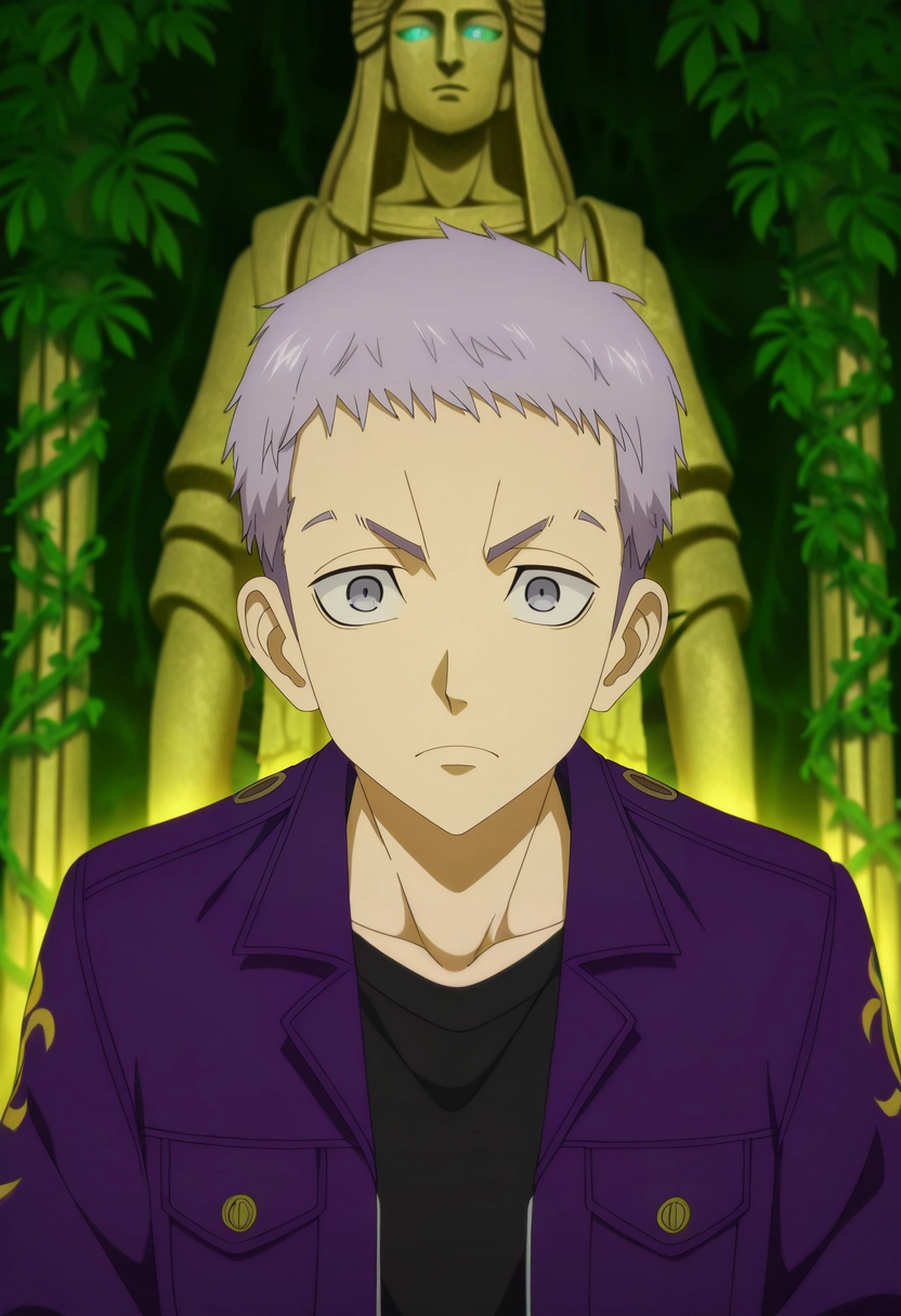 masterpiece, best quality, intricate details, anime screencap, anime coloring, official style, looking at viewer, 1boy, solo, male focus, <lora:takashi_mitsuya_ilxl:0.94>, takashi_mitsuya, grey hair, grey eyes, short hair, , black shirt, purple jacket, deep jungle, hanging vines, glowing flora, ancient statues, exploring pose, cautious expression, green mist,