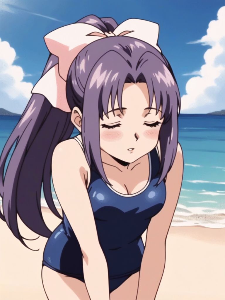 score_9, score_8_up, score_7_up, score_6_up, score_5_up, score_4_up, source_anime, rating_explicit, BREAK 
<lora:koigakubo_momoko_XL:0.8> koigakubomomoko, 1girl, soro, purple hair, long hair, hair bow, close eyes, ponytail, pink bow,  outdoor, sky, summer, sunshine, 0parted lips,
blush,   school swimsuit, summer, beach, sea, cowboy shot,  small breasts, cleavage,
2000s \(style\), anime, anime_screencap, animated gif, mp4 ,video, animated,