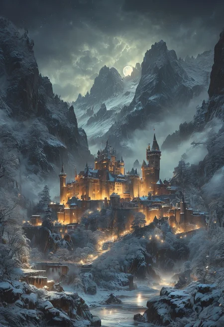 A captivating night scene illustration featuring a grand yet comfortable fortified castle  standing tall on a rocky and snowy mountain. The castle, adorned with multiple windows, emits a warm glow, highlighting its intricate architecture and rich history. The snow mountain is covered in great pine trees, reflecting on the calm, moonlit snow  that mirrors the silvery moonlight. The full moon graces the sky, casting an ethereal glow on the clouds and mountain, while wispy clouds partially obscure its brilliance, adding to the scene's mystique. Twinkling stars dot the sky, creating a celestial tapestry that harmonizes with the moon's radiance. This enchanting artwork captures a serene and peaceful night, where the illuminated castle  stands resolute amidst the celestial beauty, creating a cinematic experience., illustration, cinematic
<lora:DonM3t3rn1tyXL-v1.1:0.7>, DonM3t3rn1tyXL,
OverallDetailXL  <lora:MJ52:0.3>  <lora:SDXLFaeTastic2400:0.4>  <lora:EpicF4nta5yXL:0.7>