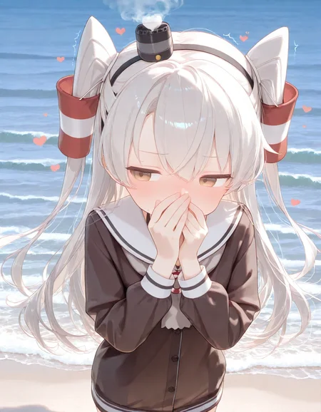 1girl, amatsukaze \(kancolle\), (heart, smoke), (blush, embarrassed:1.3), , covering own mouth, from above, shore, shoreline, averting eyes, 
very awa, masterpiece, best quality, amazing quality, absurd res, hi res, highres, <lora:naitian_epoch_15:0.8>