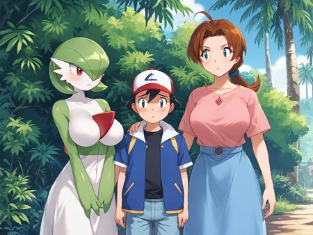 score_9, score_8_up, score_7_up, source_anime, source_furry, 1boy, 2girls, age difference, outdoor ADDCOMM,
mature female, large breasts, furry, female pervert, looking at another boy, drooling, blush, <lora:gardevoir:1> gardevoir, green hair, two-tone skin, green skin, white skin, bob cut, pokemon \(creature\), (red eyes), red chest horn, (3 fingers:1.5), dress ADDCOL,
short height, sad, looking at another girl, <lora:Ash1:0.8> skinny ash3, black hair, black eyes, hat, baseball cap, red cap, blue jacket, shirt, black shirt, pants ADDCOL,
(mature female:1.2), large breasts, angry, looking at another, pokemon \(creature\), <lora:delia-ketchum-ponyxl-lora-nochekaiser:1> deliaketchum, brown hair, brown eyes, parted bangs, ahoge, ponytail, low ponytail, shirt, pink shirt, short sleeves, skirt, blue skirt, long skirt