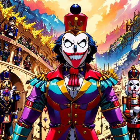 joker, batman retanime, Mike Deodato, midjourneyv6.1, nutcracker, hyper-detail, hyper-realism, cinematic, intricate detail, detailed background, masterpiece, best quality, high quality, highres, absurdres, very detailed, high resolution, sharp, sharp image, aesthetic, Score_9, score_8_up, score_7_up, score_6, source_anime, vibrant, colorful, retro_artstyle, 1990s_(style), crazy and sinister joker dressed up like a nutcracker