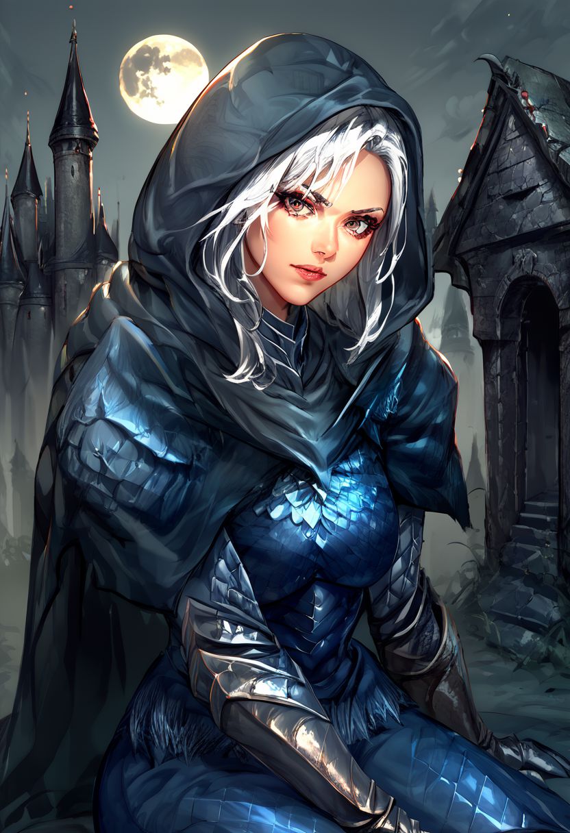 score_9, score_8_up, score_7_up, source_anime,assassin,white hair mature female, cloak, armor,hood up, shoulder armor, gauntlets, miniskirt,pants armor, steel boots,sitting, castle view, moon light, japan anime style,close-up, upper body, masterpiece