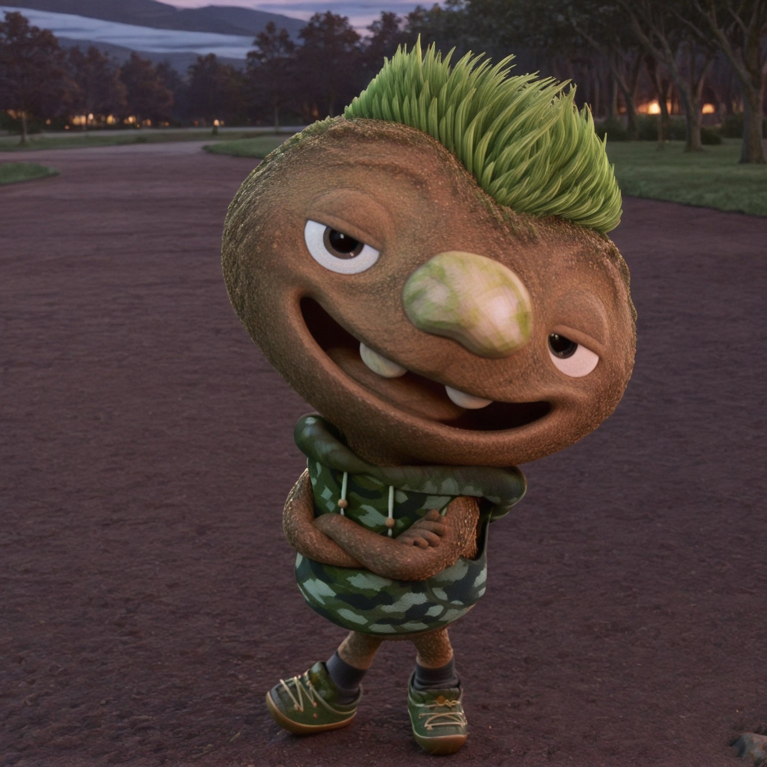 uncensored, masterpiece, best quality, highly detailed, realistic, 1boy, solo, ClodEM, male humanoid, elemental creature, earth elemental, green hair, grass hair, short hair, brown eyes, black pupils, stone nose, brown body, short male, standing, smile, open mouth, teeth, (looking at viewer), grass, park, sunny, afternoon, front view, detailed background, (5 fingers), (camo hoodie vest, white drawstrings, black socks, green and brown sneakers), arms crossed narrowed eyes