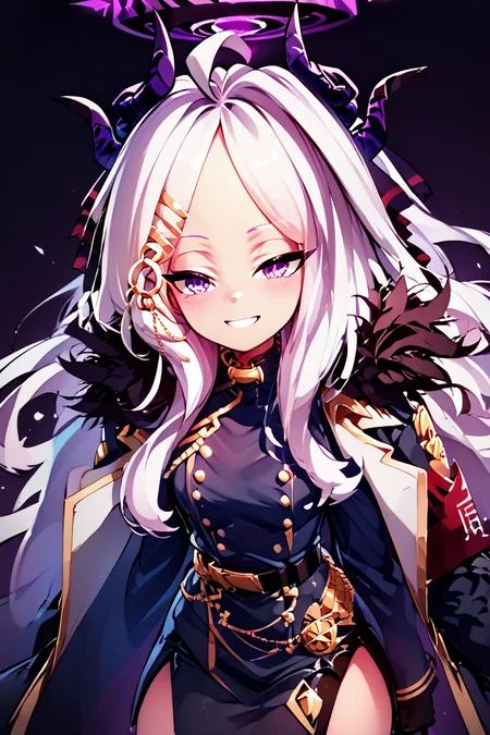 score_9, score_8_up, score_8, medium breasts, (curvy), cute, eyelashes, BREAK, , zzHina, purple eyes, long hair, hair ornament, white hair, horns, hina (blue archive), ahoge, halo, multiple horns, parted bangs, skirt, long sleeves, hairclip, black skirt, coat, coat on shoulders, fur trim, black gloves, <lora:Hina_BlueArchive_PDXL:1.0>, , BREAK, looking at viewer, ,,, smile, waving, upper body, leaning forward, head tilt, ,,, embedding:zPDXL, Expressiveh, ,,, <lora:CatalystStylePDXL:0.6>, <lora:SDXLFaeTastic2400:0.5>, <lora:Expressive_H-000001:0.4>,