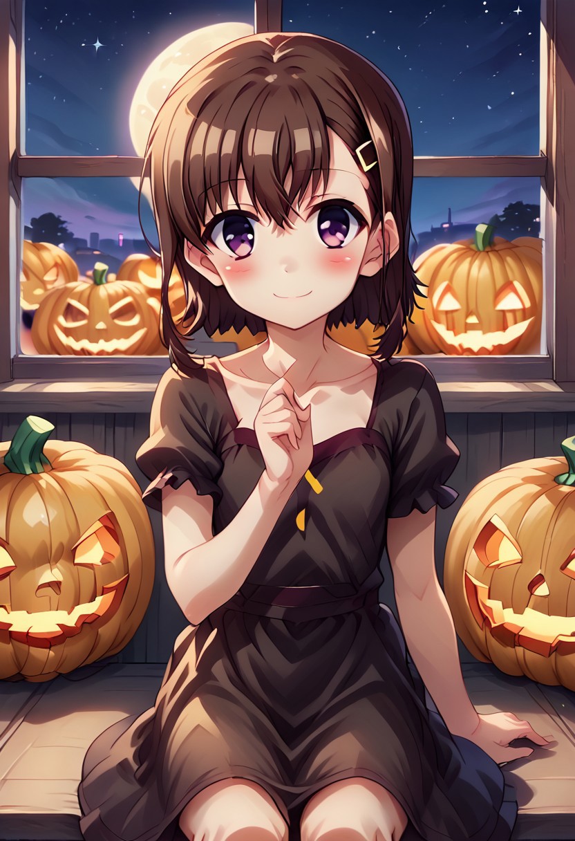 score 9, score 8 up, score 7 up, masterpiece_portrait, high quality, anime coloring,anime_screencap, traditional_media,detailed face,fate/kaleid liner prisma illya,katsura mimi,mimi katsura,1girl,solo,smile,jack-o'-lantern,dress,purple eyes,hair ornament,hairclip,black dress,blush,night,halloween,closed mouth,collarbone,bangs,short sleeves,sky ,sitting,moon,night sky,looking at viewer,hair between eyes,pueple eyes,brown hair,hand up,pumpkin,window,full moon,star (sky),starry sky,indoors,asymmetrical bangs