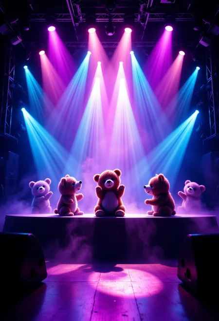 Wide angle. Live house stage. Five cute bears bowing on stage. Lights and lasers of various colors from the upper rear, spotlight in the center.
Smoke on stage, stage decorated with neon glow.
Huge speakers at both ends of the stage, neon lights on the speakers, Front of the stage
aidmafluxpro1.1,fntsylghtshwCE_style