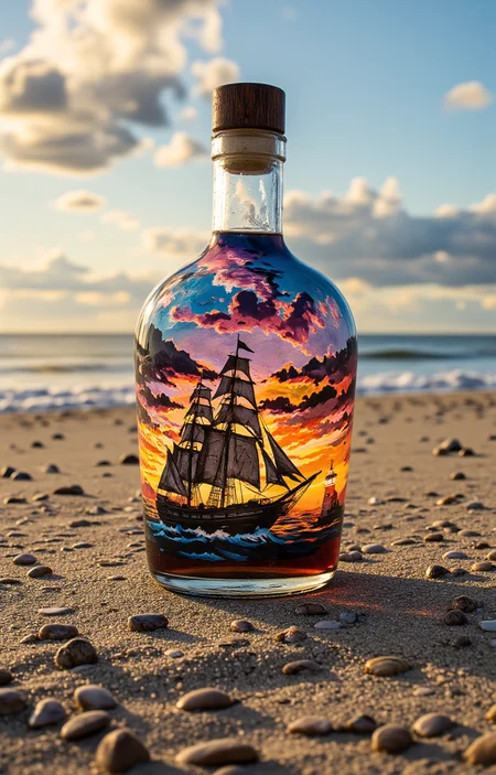photograph featuring a glass bottle filled with a dark liquid, likely a beverage such as rum, lying on a sandy beach. The bottle's glass is intricately decorated with a vibrant, high-resolution painting of a classic sailing ship with multiple masts and sails, silhouetted against a stunning sunset sky. The sunset colors range from deep oranges and pinks near the horizon to blues and purples higher up, creating a dramatic and romantic atmosphere. The ship appears to be sailing into a golden glow of the setting sun, with waves and clouds reflected in the glass.The bottle is positioned on a sandy beach with small, smooth pebbles scattered around it. The sand is light beige, with a few larger pebbles and shells visible, adding texture to the scene. The background features gentle waves lapping at the shore, and the horizon is dotted with a few fluffy clouds. The sky transitions from a warm, golden hue near the horizon to a cooler blue higher up, enhancing the contrast and depth of the image. The overall mood is serene and evocative, capturing a sense of adventure and nostalgia., <lora:aidmaImageUpraderv0.3:0.4>, aidmaimageupgrader, <lora:diffusion_pytorch_model:1>, <lora:aidmaMJ6.1_v0.5_3:0.7>, aidmaMJ6.1, ultra quality, ultra detailed, intricate details