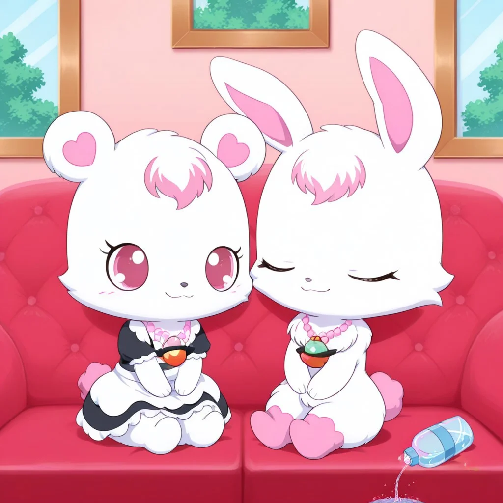 score_9, score_8_up, score_7_up, score_6_up, score_5_up,
best quality, masterpiece, smirks, Full Body, Romantic, Small Body, Furry, looking_pleasured, rubyjp, no humans, rabbit, chibi, furry, hair ornament, necklace, jewelry, chest fur, white fur, labrajp, chibi, feral, multicolored hair, pink tail, tufted fur, furry, one pink leg, necklace, bear, duo girls, duo, House, maid outfit, maid dress, sit, sofa, tired, pass bottle of water, drinking water,