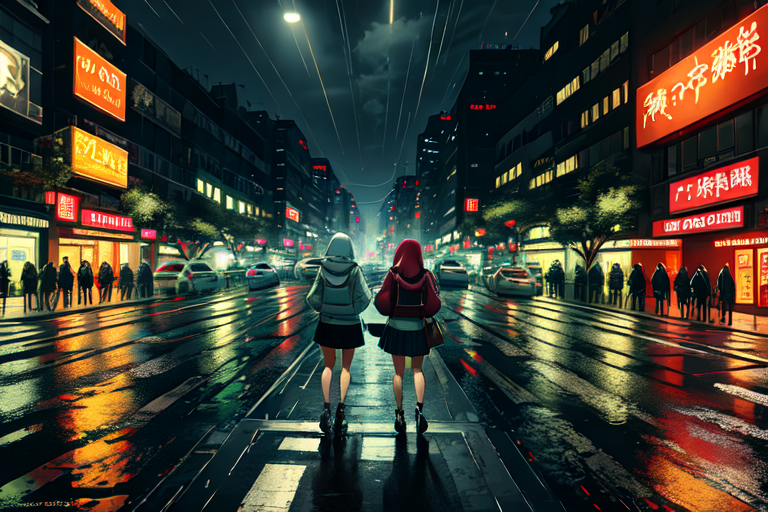 highly insanely detailed, masterpiece, top quality, best quality, highres, 4k, 8k, RAW photo, (very aesthetic, beautiful and aesthetic),  
(code_style,codestyle),english text, 
<lora:CodeStyle (half generic class)_564920:0.7>, 
(1girl:1.3), 1other, 
((pedestrian hell)),((busy street in taiwan)),taipei road,scooter,motorcycle,wind,trees,crowd,traffic light,road sign,cityscape,shopping,storefront,signboard,building,greenery,night,neon lights,((raining)),rain,wet street,reflection,wet clothes,âââ