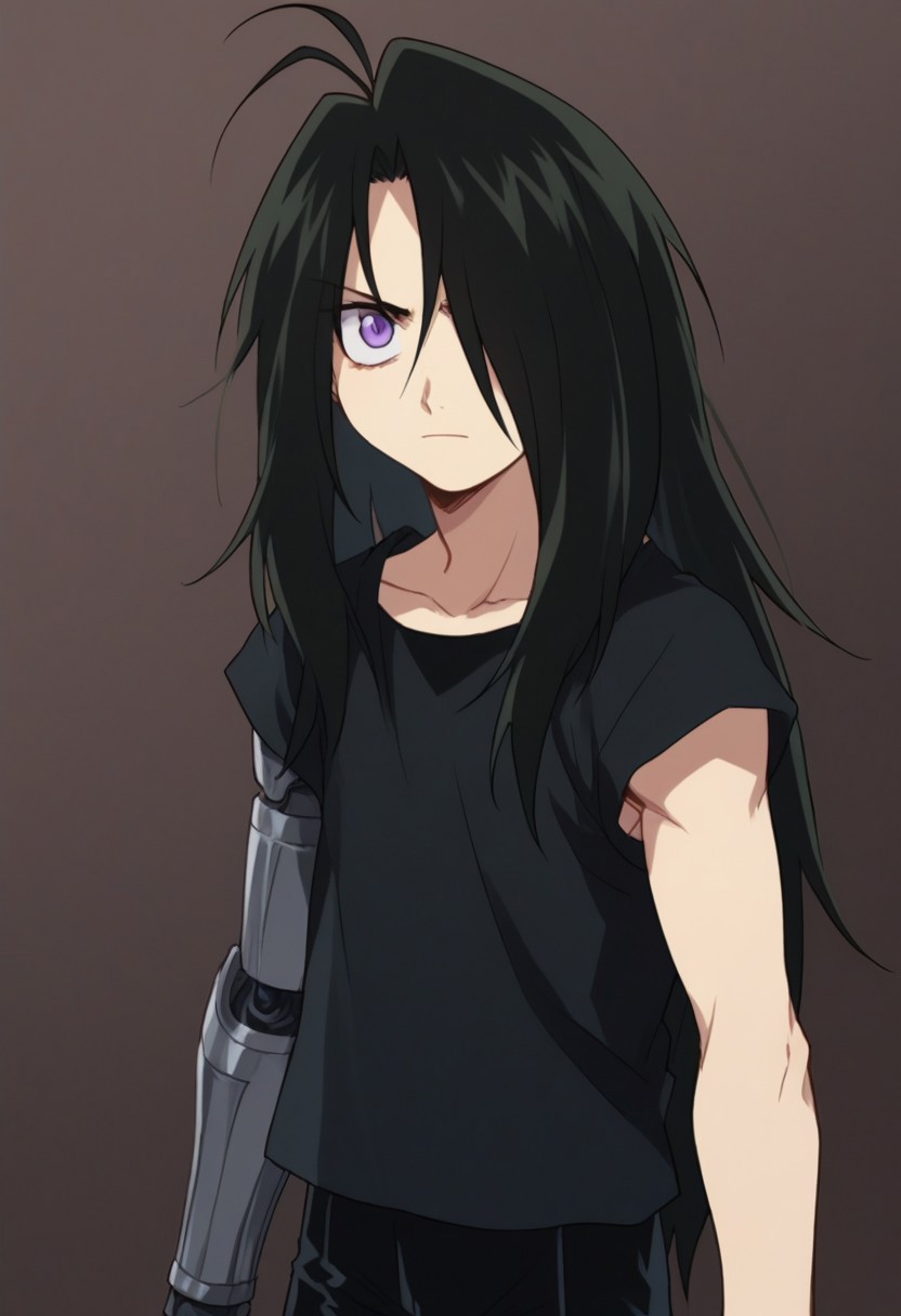 score_9, score_8_up, score_7_up, source_anime, highly detailed, 
wrath_fma, solo, long hair, black hair, antenna hair, hair over one eye, male focus, 1boy, upper body, prosthesis, shorts, purple eyes, missing arm, mechanical arm, automail, shirt, black shirt,
outdoor,