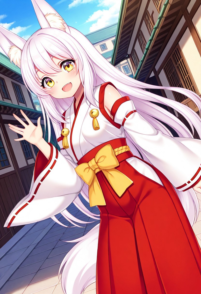 general,highres, ultra-detailed,very aesthetic,best quality ,best hands,best eyes,easynegative,
dynamic anglre, dutch angle, anime cloring,
1girl solo,looking at viewer,town,smile, open mouth, waving hand, 
Korin,white hair, long_hair, yellow eyes, small breasts, fox ears,fox tail,short body, petite,miko costume,