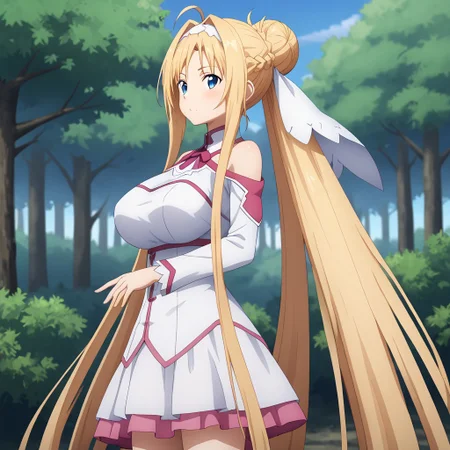(masterpiece), best quality, perfect eyes, expressive eyes, perfect face, expressive face, perfect hands, (((((detailed hair))))), (((perfect eyes))), perfect legs, (((1 Girl))), (Sylpha), very long hair, blue eyes, huge breasts, blushing, (((aroused))), blonde hair, very long hair, hair up, (hair bun), folded ponytail, ((long sidelocks)), ahoge, blonde hair, blue eyes, hair between eyes, bangs, ((white hairband)), (((hair ribbon))), (((((view up close))))), view from side, outdoors, forest, trees, stacia, (((((absurdly long hair))))), blue eyes, long hair, parted bangs, blonde hair, very long hair, very long sidelocks, braid, hair up, ((hair bun)), (ponytail), hair ribbon, alice zuberg, blue eyes, parted bangs, blonde hair, very long hair, very long sidelocks, braid, hair up, ((hair bun)), (ponytail), astnig, asuna \(sao\), (((((absurdly long hair))))), blue eyes, parted bangs, blonde hair, very long hair, very long sidelocks, braid, hair up, ((hair bun)), (ponytail), hair ribbon, off shoulder, long sleeves, halterneck, ribbon trim, white nightgown, two-tone dress, (((pink trim))), layered skirt,