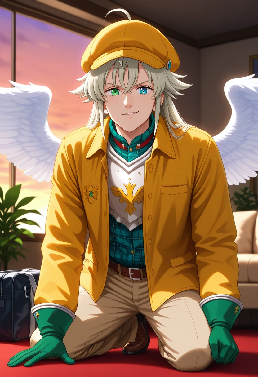 masterpiece, best quality, , (photorealistic:0.6), looking at viewer, 1boy, solo, male focus, <lora:tristan_liones_ilxl:0.9>, tristan_liones, grey hair, green eyes, long hair, ahoge, yellow jacket, armor, green gloves, heterochromia, blue eyes, white wings, rule of thirds, living room, plant, dusk, kneeling, smirk, Khaki pants, Seersucker Terracotta Flannel shirt, Espadrilles, Newsboy cap with ear flaps, School Bag
