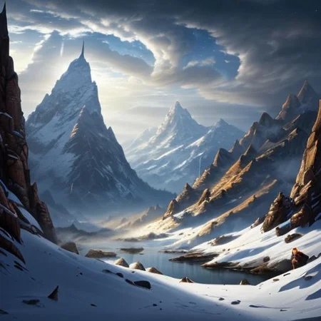 RAW photo, (masterpiece:1.3), subsurface scattering, heavy shadow, (high quality:1.4), (intricate, high detail:1.2), professional photography, HDR, High Dynamic Range, realistic, ultra realistic, photorealistic, high resolution, film photography, ambient lighting, atmospheric effects, <lora:detail_slider_v4:2>, OverallDetail, epic medieval fantasy, cloud, fanmou, fantasy, no humans, outdoors, sky, winter, <lora:Fantasy_Mountains:1>, epiCPhoto