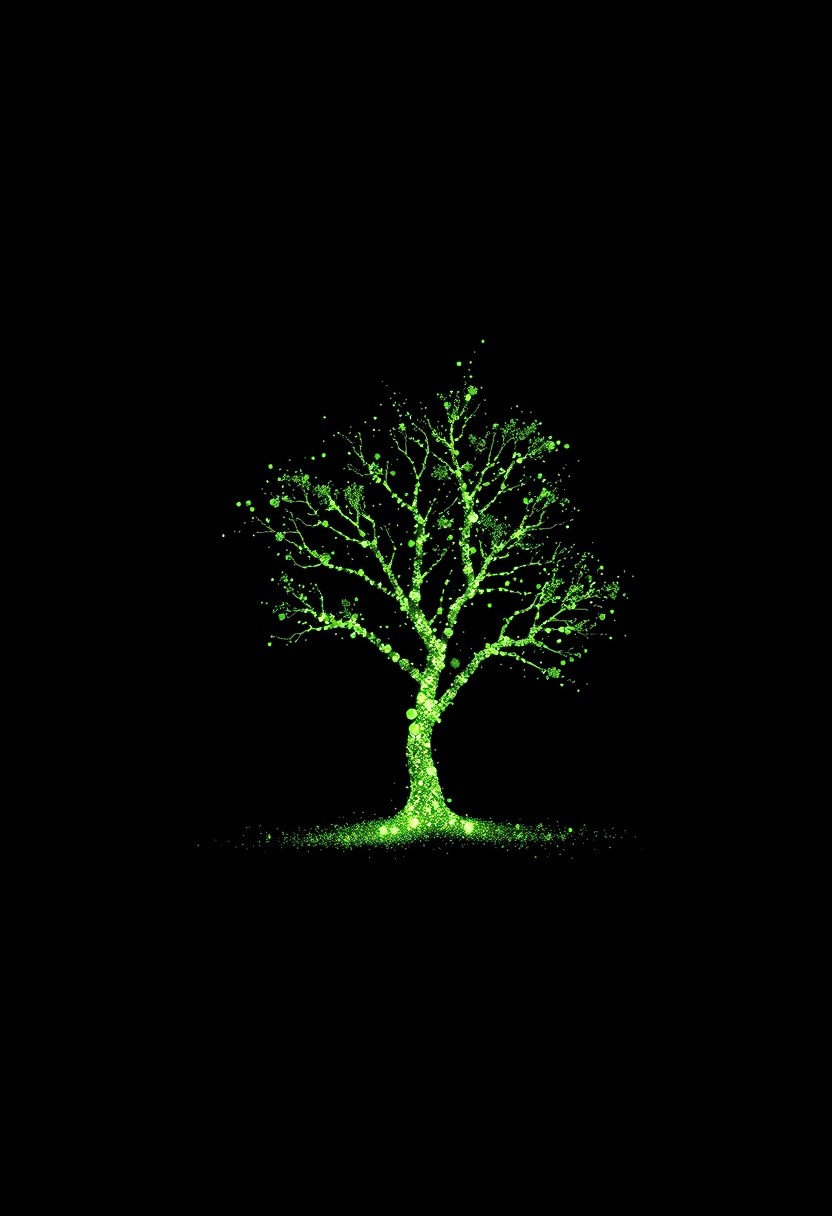 Minimalistic particle silhouette of a outlines of Tree, composed outlines of glowing green particles and digital noise. Simple and elegant, designed for icon-style usage. Soft glow dispersed light particles, subtle pixelation, and a smooth black background with inner image. High contrast, clean edges, and abstract form