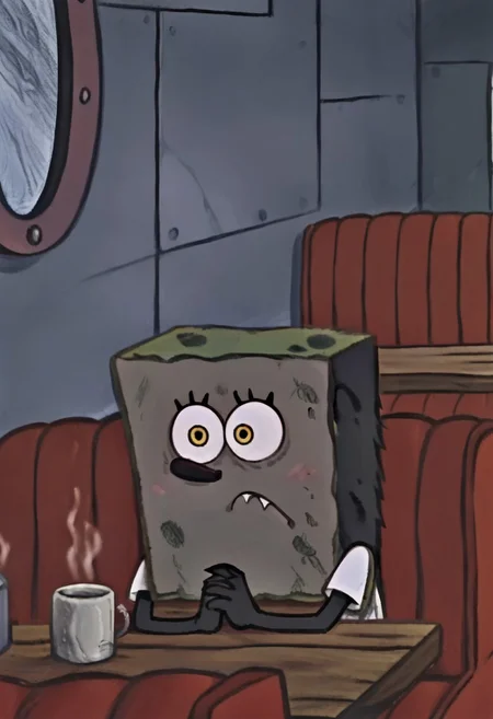 score_9, score_8_up, score_7_up, (Fixhand), source_anime, furry male, solo, black fur, animal ears, yellow eyes, sharp teeth, claws, BREAK, mikus-concept, sitting alone in an empty diner, looking ahead with a thoughtful and sad expression on his face, hands folded on the table in front of a cup of hot drink, red sofas are visible in the background, sitting, sitting on a red sofa,